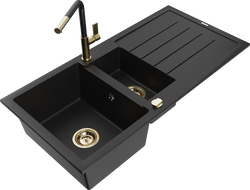 Mexen Andres fregadero de granito 1,5 senos con escurridor y grifo de cocina Flora, negro - 6515-77-670401-57-G