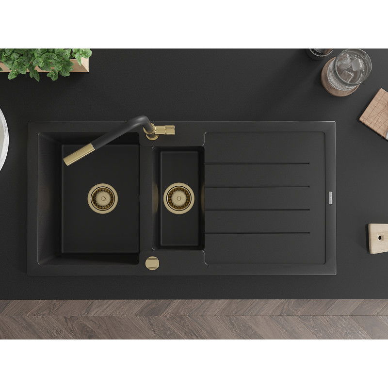 Mexen Andres granitdiskbänk 1,5-fack med avrinningsyta och köksblandare Flora, svart - 6515-77-670401-57-G