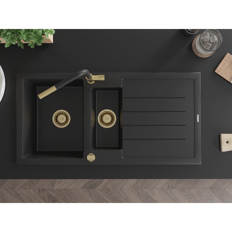 Mexen Andres Granitspüle 1,5-Schalen mit Abtropffläche und Küchenarmatur Flora, schwarz - 6515-77-670401-57-G