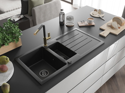 Mexen Andres granite sink 1.5-bowl with drainer and Flora kitchen tap, black - 6515-77-670401-57-B
