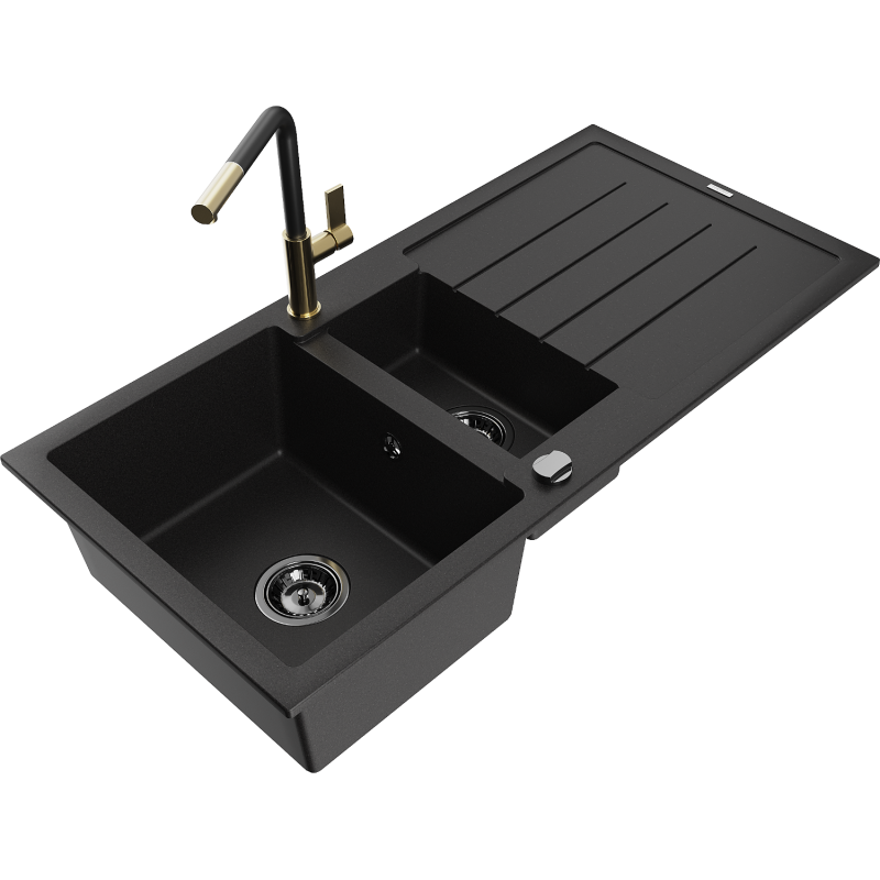 Mexen Andres granite sink 1.5-bowl with drainer and Flora kitchen tap, black - 6515-77-670401-57-B