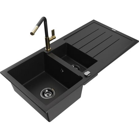 Mexen Andres fregadero de granito de 1,5 senos con escurridor y grifo de cocina Flora, negro - 6515-77-670401-57-B