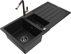 Mexen Andres granite sink 1.5-bowl with drainer and Flora kitchen tap, black - 6515-77-670401-57-B