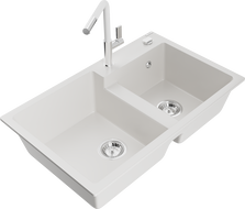 Mexen Tomas fregadero de granito de 2 compartimentos con grifo de cocina Flora, blanco - 6516-20-670401-02