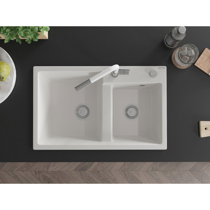 Mexen Tomas Granit-Spullsteen mat 2 Schëffer mat Kichekraan Flora, wäiss - 6516-20-670401-02