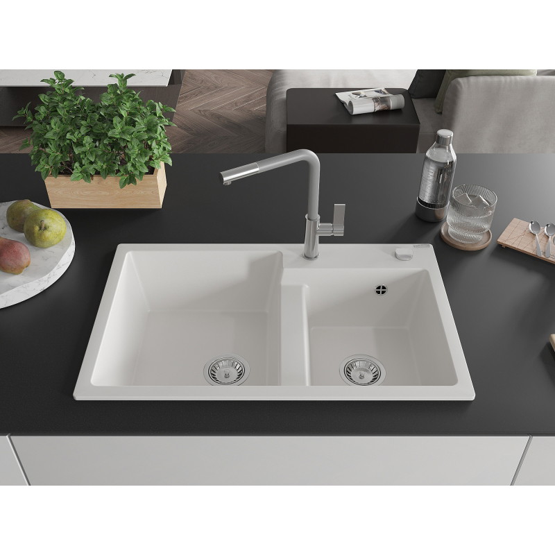Mexen Tomas 2-bowl granite sink with Flora kitchen faucet, white - 6516-20-670401-06