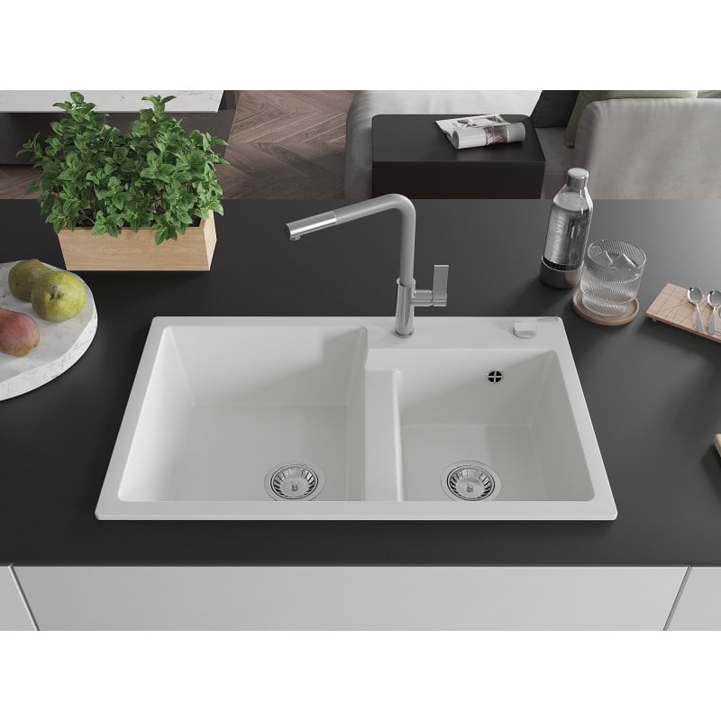 Mexen Tomas Granite Kitchen Sink 2-Bowl with Flora Kitchen Mixer, White - 6516-20-670401-06
