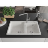 Mexen Tomas 2-bowl granite sink with Flora kitchen faucet, white - 6516-20-670401-06