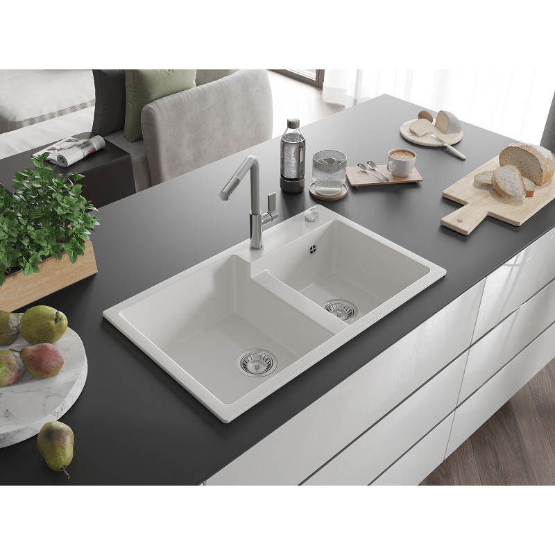 Mexen Tomas 2-bowl granite sink with Flora kitchen faucet, white - 6516-20-670401-06