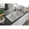 Mexen Tomas 2-bowl granite sink with Flora kitchen faucet, white - 6516-20-670401-06