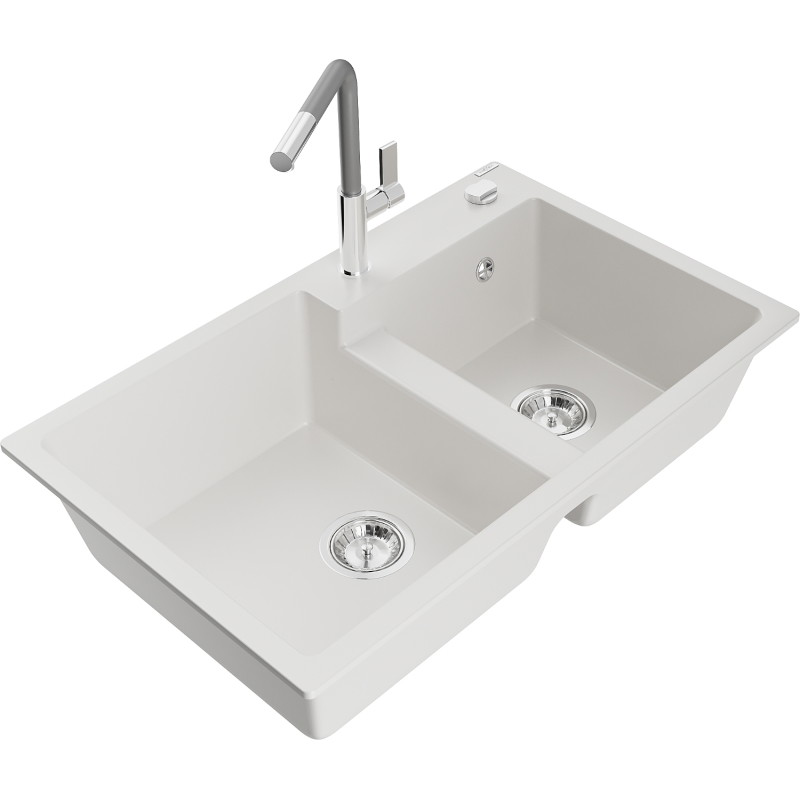 Mexen Tomas 2-bowl granite sink with Flora kitchen faucet, white - 6516-20-670401-06