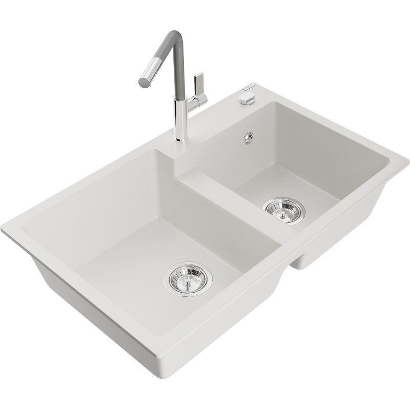 Mexen Tomas granitdiskho med 2 kammare med köksblandare Flora, vit - 6516-20-670401-06