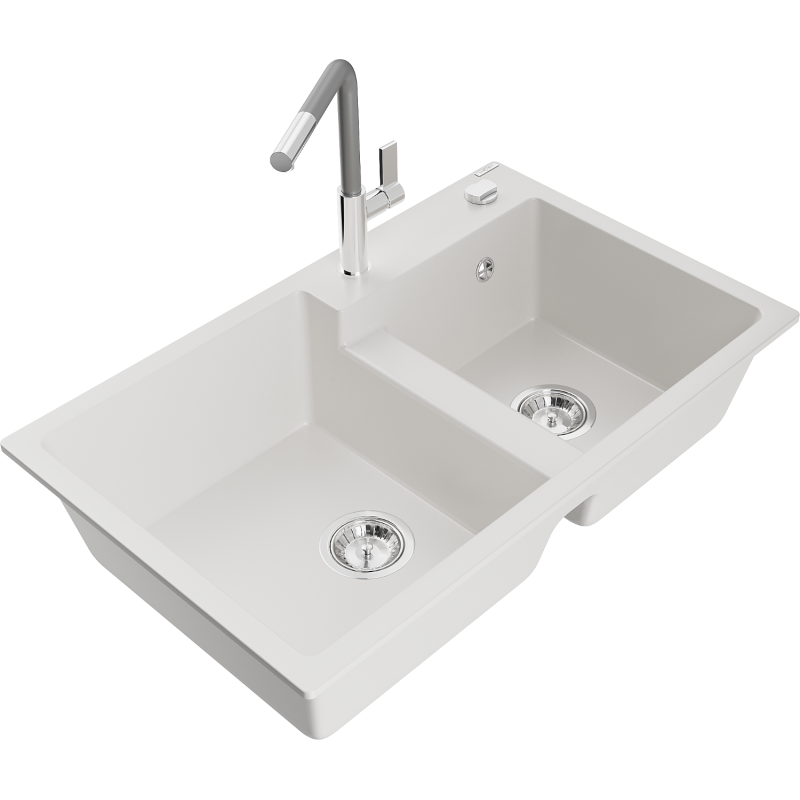 Mexen Tomas Granite Kitchen Sink 2-Bowl with Flora Kitchen Mixer, White - 6516-20-670401-06