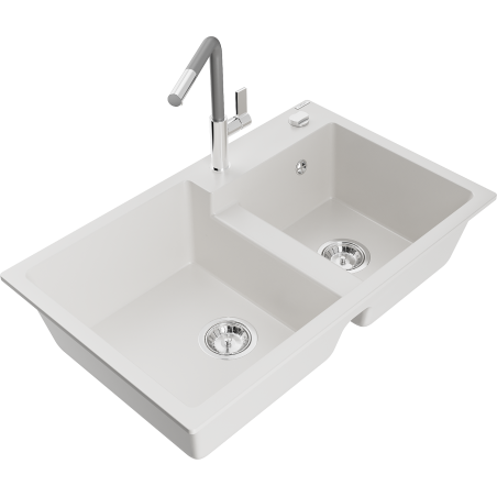 Mexen Tomas 2-bowl granite sink with Flora kitchen faucet, white - 6516-20-670401-06