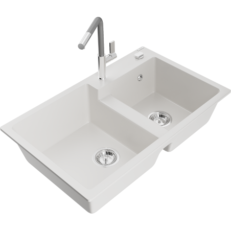 Mexen Tomas Granite Kitchen Sink 2-Bowl with Flora Kitchen Mixer, White - 6516-20-670401-06