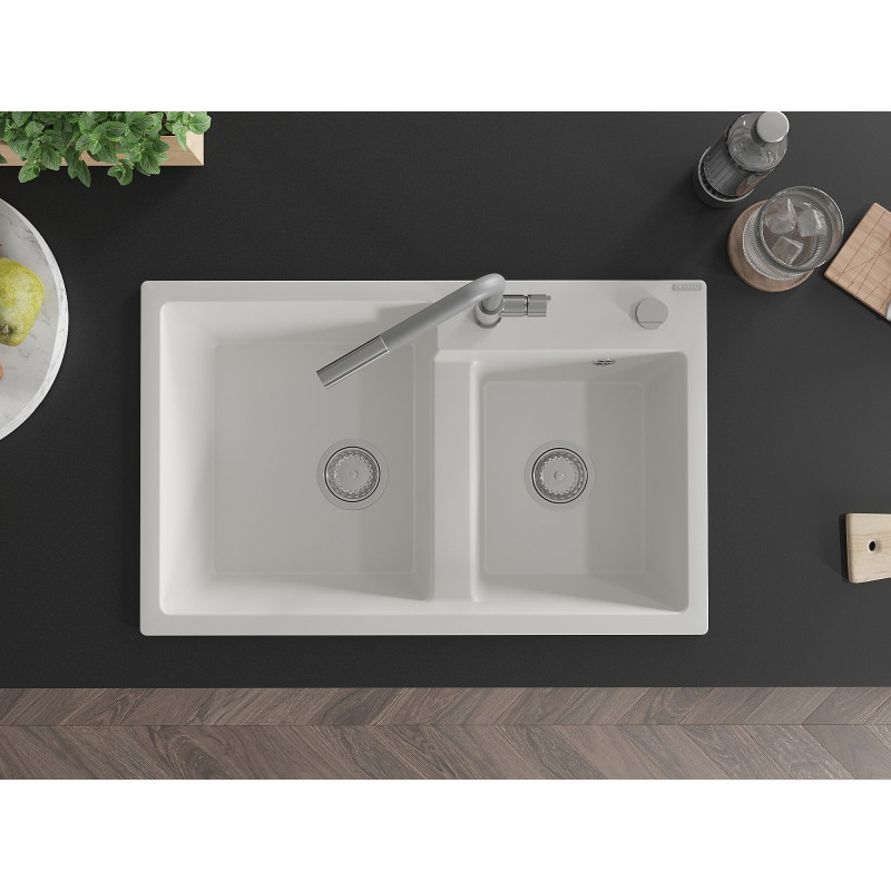 Mexen Tomas 2-bowl granite sink with Flora kitchen faucet, white - 6516-20-670401-06