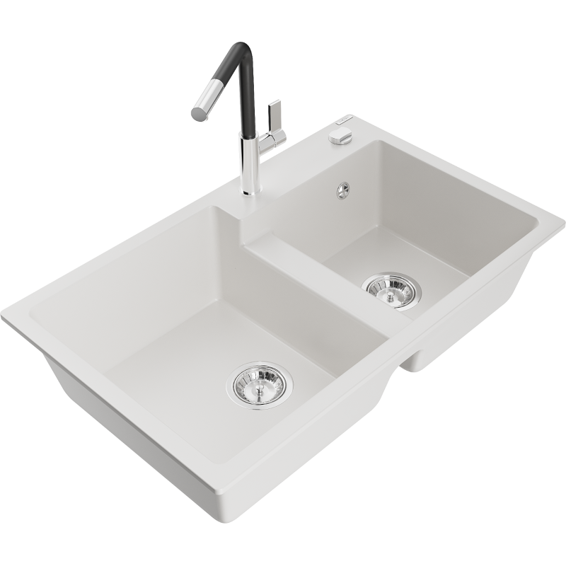 Mexen Tomas granite sink 2-bowl with Flora kitchen tap, white - 6516-20-670401-07