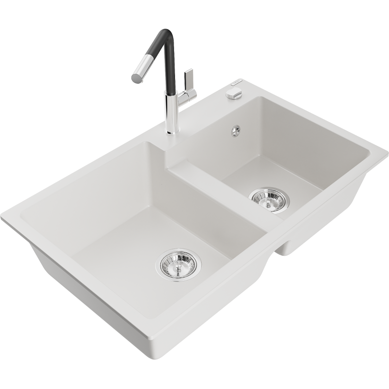 Mexen Tomas lava-loiça de granito 2-cubas com misturadora de cozinha Flora, branco - 6516-20-670401-07