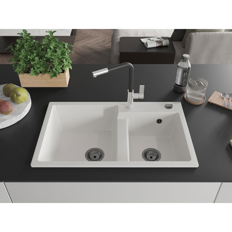 Mexen Tomas granite sink 2-bowl with Flora kitchen tap, white - 6516-20-670401-07-B