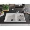 Mexen Tomas granite sink 2-bowl with Flora kitchen tap, white - 6516-20-670401-07-B