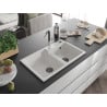 Mexen Tomas granite sink 2-bowl with Flora kitchen tap, white - 6516-20-670401-07-B