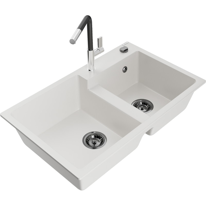 Mexen Tomas fregadero de granito de 2 compartimentos con grifo de cocina Flora, blanco - 6516-20-670401-07-B