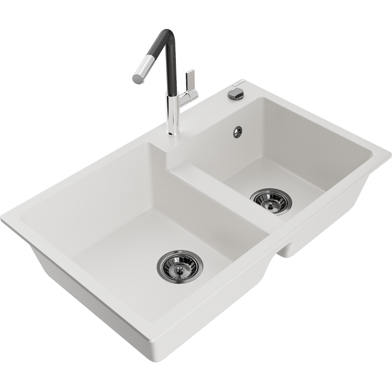 Mexen Tomas fregadero de granito de 2 senos con grifo de cocina Flora, blanco - 6516-20-670401-07-B