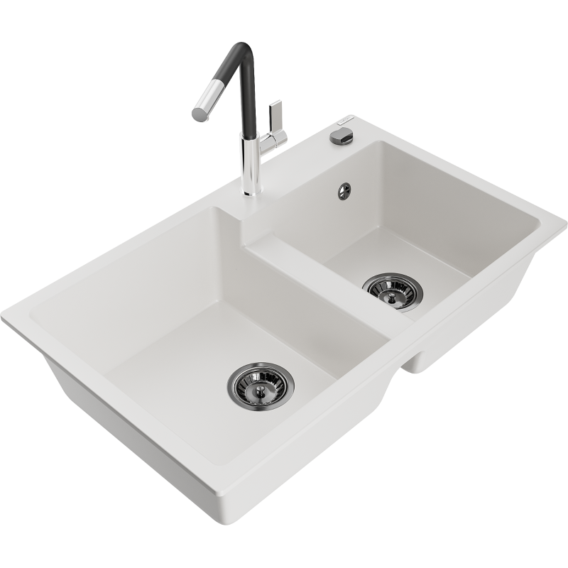 Mexen Tomas lava-loiça de granito de 2 cubas com torneira de cozinha Flora, branco - 6516-20-670401-07-B