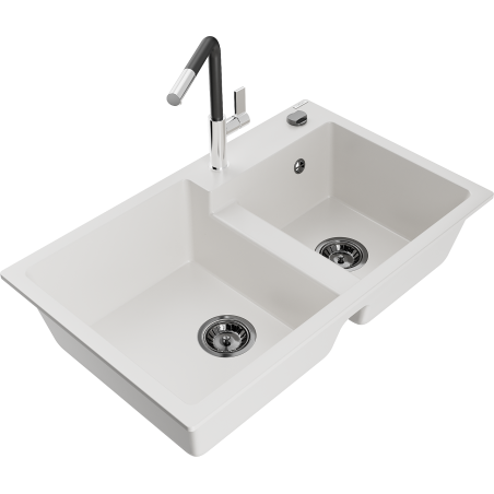 Mexen Tomas granite sink 2-bowl with Flora kitchen tap, white - 6516-20-670401-07-B