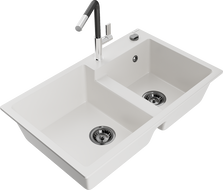 Mexen Tomas lava-loiça de granito de 2 cubas com torneira de cozinha Flora, branco - 6516-20-670401-07-B