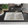 Mexen Tomas granite sink 2-bowl with Flora kitchen tap, white - 6516-20-670401-57-G