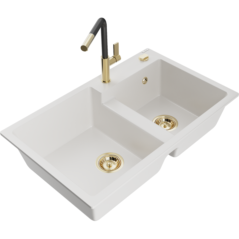 Mexen Tomas lava-loiça de granito de 2 cubas com torneira de cozinha Flora, branco - 6516-20-670401-57-G