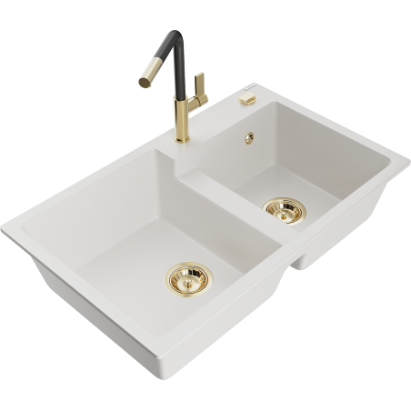 Mexen Tomas évier de cuisine en granit 2 bacs avec robinet de cuisine Flora, blanc - 6516-20-670401-57-G