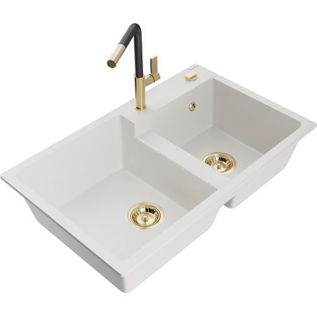 Mexen Tomas granite sink 2-bowl with Flora kitchen tap, white - 6516-20-670401-57-G