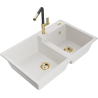 Mexen Tomas granite sink 2-bowl with Flora kitchen tap, white - 6516-20-670401-57-G
