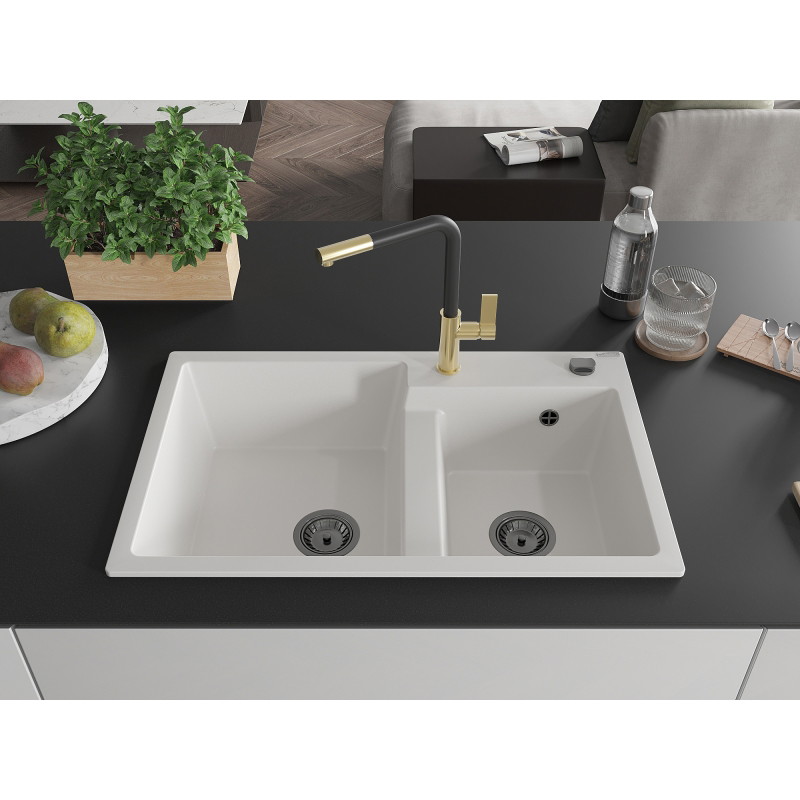 Mexen Tomas 2-Komponenten Granitspüle mit Küchenarmatur Flora, weiß - 6516-20-670401-57-B
