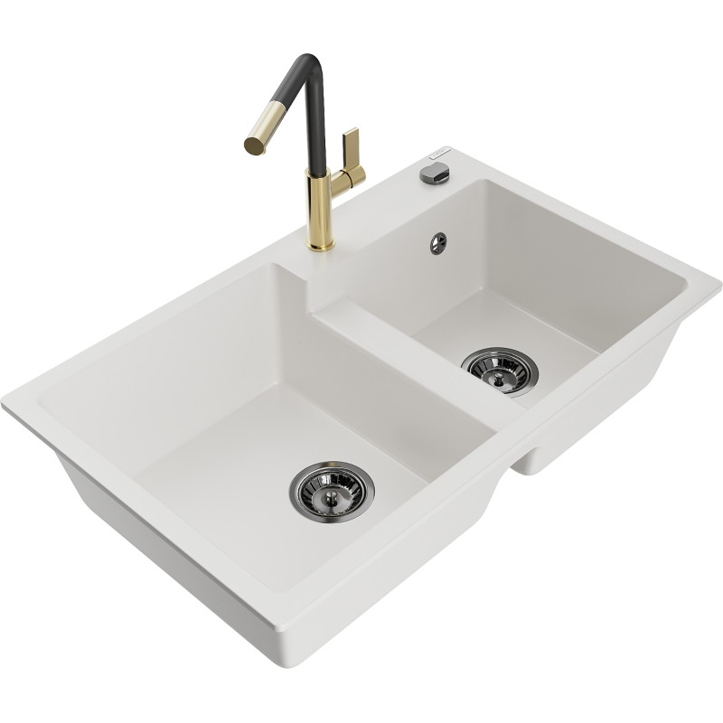 Mexen Tomas fregadero de granito de 2 compartimentos con grifo de cocina Flora, blanco - 6516-20-670401-57-B