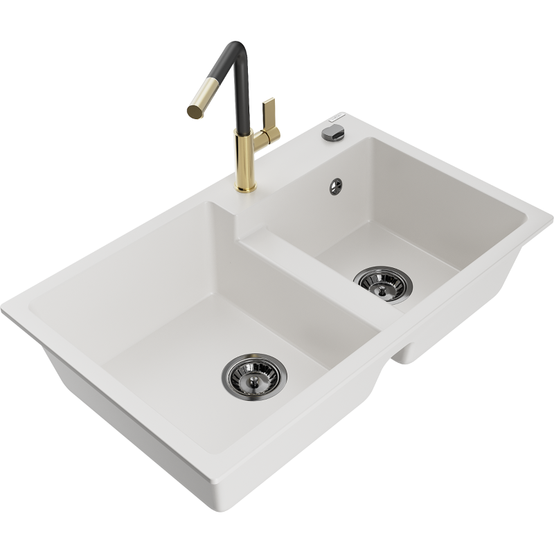 Mexen Tomas fregadero de granito de 2 senos con grifo de cocina Flora, blanco - 6516-20-670401-57-B