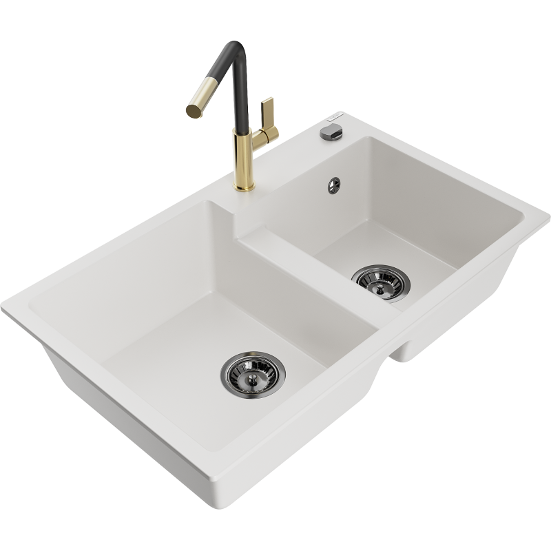 Mexen Tomas granite sink 2-chamber with Flora kitchen tap, white - 6516-20-670401-57-B