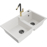 Mexen Tomas granite sink 2-chamber with Flora kitchen tap, white - 6516-20-670401-57-B