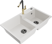 Mexen Tomas graniittinen 2-allas pesuallas keittiöhanalla Flora, valkoinen - 6516-20-670401-57-B