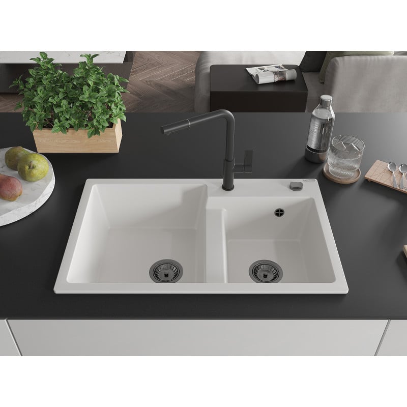 Mexen Tomas granite kitchen sink 2-chamber with Flora kitchen tap, white - 6516-20-670401-70-B