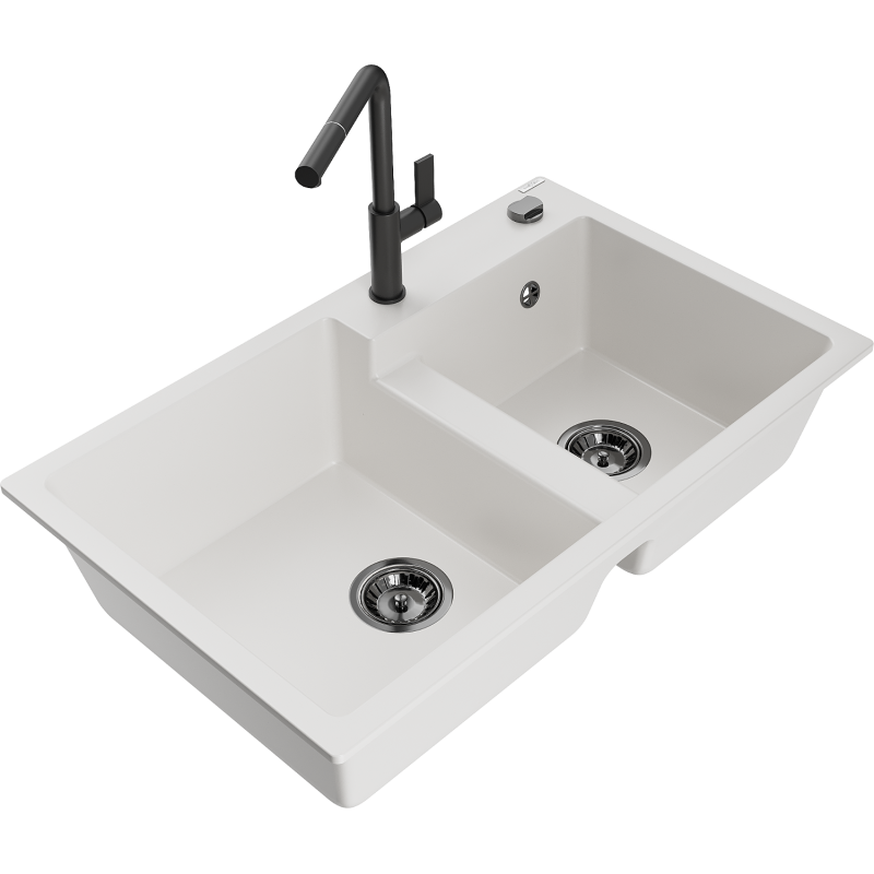 Mexen Tomas granite kitchen sink 2-chamber with Flora kitchen tap, white - 6516-20-670401-70-B