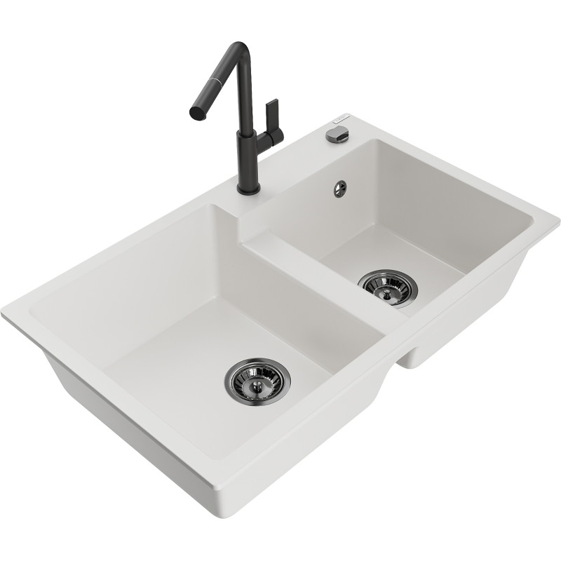 Mexen Tomas granitische dubbele spoelbak met keukenkraan Flora, wit - 6516-20-670401-70-B