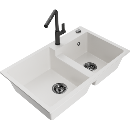 Mexen Tomas granite kitchen sink 2-chamber with Flora kitchen tap, white - 6516-20-670401-70-B