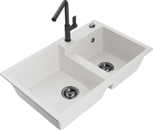 Mexen Tomas granitno dvodelno pomivalno korito z kuhinjsko armaturo Flora, bela - 6516-20-670401-70-B
