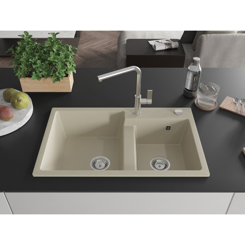 Mexen Tomas granite sink double bowl with Flora kitchen tap, beige - 6516-69-670401-00