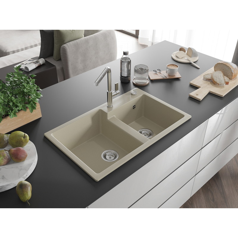 Mexen Tomas évier en granit à 2 bacs avec robinet de cuisine Flora, beige - 6516-69-670401-00