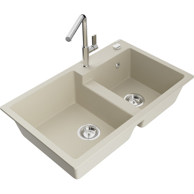 Mexen Tomas évier en granit à 2 bacs avec robinet de cuisine Flora, beige - 6516-69-670401-00
