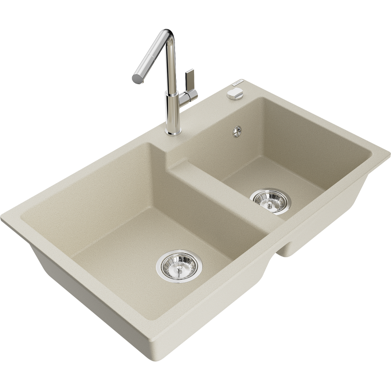 Mexen Tomas fregadero de granito de 2 compartimentos con grifo de cocina Flora, beige - 6516-69-670401-00